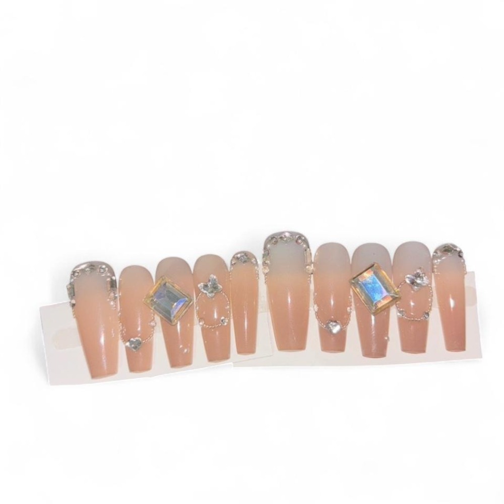 Luxury nude ombré press on nails with silver rhinestone detailing